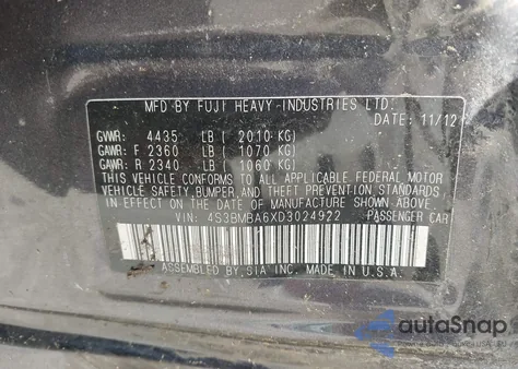 2013 Subaru Legacy 2.5I из США, поврежденный, VIN 4S3BMBA6XD3024922